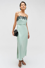 Profile view of model wearing the Oroton Fringe Lace Slip Dress in Mint Ice and 100% Silk for Women . IP:2