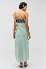 Profile view of model wearing the Oroton Fringe Lace Slip Dress in Mint Ice and 100% Silk for Women . IP:5