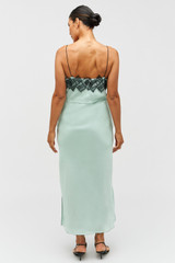Profile view of model wearing the Oroton Fringe Lace Slip Dress in Mint Ice and 100% Silk for Women . IP:11