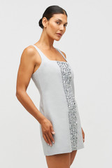 Profile view of model wearing the Oroton Mini Sequin Flower Shift Dress in Oyster and 100% linen for Women . IP:10