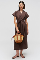 Profile view of model wearing the Oroton Rae Gathered Dress in Chocolate and 100% cotton for Women . IP:2