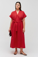 Profile view of model wearing the Oroton Rae Gathered Dress in Market Red and 100% cotton for Women . IP:8