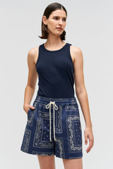 Profile view of model wearing the Oroton Bandana Boxer Short in North Sea and 100% cotton twill for Women