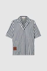 Front product shot of the Oroton Stripe Camp Shirt in North Sea and 100% cotton twill with leather logo patch for Women
