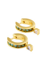 Detail product shot of the Oroton Hanna Charm Huggies in Gold/Turquoise and 12k Gold plated brass for Women . IP:21