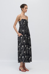 Profile view of model wearing the Oroton Graphic Dandelion Print Sundress in Black and 100% Silk Twill for Women . IP:4