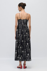 Profile view of model wearing the Oroton Graphic Dandelion Print Sundress in Black and 100% Silk Twill for Women . IP:5