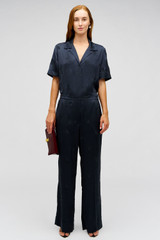 Profile view of model wearing the Oroton Embroidered Leaf Pyjama Pant in Slate and 100% viscose fabric for Women . IP:2