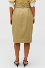 Profile view of model wearing the Oroton Belt Detail Trouser Skirt in Camel and 100% cotton material for Women . IP:6