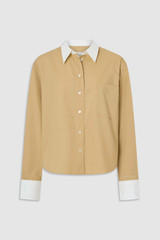 Front product shot of the Oroton Crisp Poplin Shirt in SOFT CAMEL and 100% cotton fabric for Women . IP:1