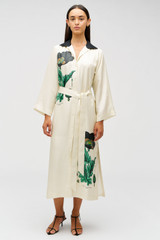 Profile view of model wearing the Oroton Graphic Poppy Column Dress in Cream and 100% silk fabric for Women . IP:3