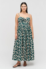 Profile view of model wearing the Oroton Fan Flower Print Sundress in Ivy and 100% cotton for Women . IP:4