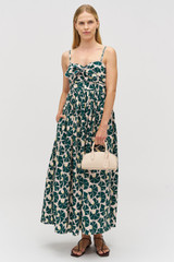 Profile view of model wearing the Oroton Fan Flower Print Sundress in Ivy and 100% cotton for Women . IP:3