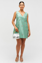 Profile view of model wearing the Oroton Embellished Shift Dress in Mint Leaf and 100% heavy weight linen fabric for Women . IP:8