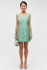 Profile view of model wearing the Oroton Embellished Shift Dress in Mint Leaf and 100% heavy weight linen fabric for Women . IP:2