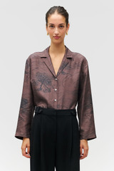 Profile view of model wearing the Oroton Scribble Tree Ls Camp Shirt in Chocolate and 100% silk fabric for Women . IP:3