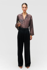 Profile view of model wearing the Oroton Scribble Tree Ls Camp Shirt in Chocolate and 100% silk fabric for Women . IP:2