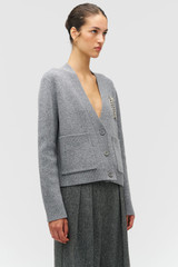 Profile view of model wearing the Oroton Embellished Cardigan in Grey Marle and 100% wool for Women .