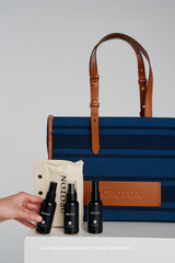 Profile view of model wearing the Oroton Sasha Medium Tote in PRUSSIAN BLUE MIX and 100% polyester fabric for Women .