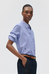 Profile view of model wearing the Oroton MICRO GINGHAM SHIRT in North Sea and 100% yarn-dyed cotton fabric for Women