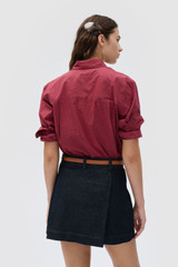 Profile view of model wearing the Oroton MINI GINGHAM SHIRT in Market Red and 100% yarn-dyed cotton fabric for Women