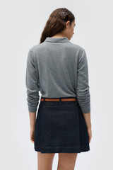 Profile view of model wearing the Oroton Flora Fine Knit Polo in Grey Marle and 55% extra fine merino wool and 45% cotton blend fabric for Women . IP:5