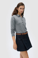 Profile view of model wearing the Oroton Flora Fine Knit Polo in Grey Marle and 55% extra fine merino wool and 45% cotton blend fabric for Women . IP:4