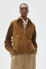 Profile view of model wearing the Oroton Suede Bomber in Teak and 100% soft suede leather material for Women . IP:4