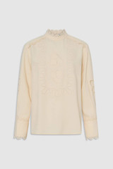 Front product shot of the Oroton Fluid Cutwork Long Sleeve Top in Antique White and 75% acetate and 25% polyester blend fabric for Women . IP:1