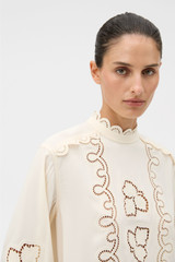 Profile view of model wearing the Oroton Fluid Cutwork Long Sleeve Top in Antique White and 75% acetate and 25% polyester blend fabric for Women . IP:6