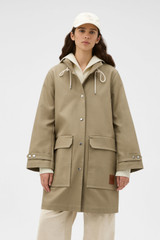 Profile view of model wearing the Oroton COTTON MAC JACKET in Khaki and 100% cotton fabric for Women . IP:4
