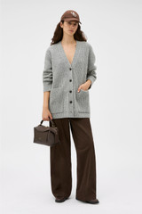 Profile view of model wearing the Oroton Oversized Manstyle Cardigan in Grey Marle and 80% wool and 20% nylon fabric for Women . IP:2