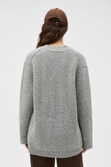 Profile view of model wearing the Oroton Oversized Manstyle Cardigan in Grey Marle and 80% wool and 20% nylon fabric for Women . IP:5