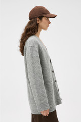 Profile view of model wearing the Oroton Oversized Manstyle Cardigan in Grey Marle and 80% wool and 20% nylon fabric for Women . IP:4