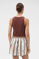 Profile view of model wearing the Oroton FIESTA STRIPE SHORTS in Multi and 100% linen fabric for Women .