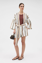 Profile view of model wearing the Oroton Fiesta Stripe Shorts in Multi and 100% linen fabric for Women . IP:2