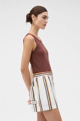 Profile view of model wearing the Oroton Fiesta Stripe Shorts in Multi and 100% linen fabric for Women . IP:4