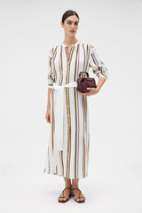 Profile view of model wearing the Oroton Fiesta Stripe Column Dress in Multi and 100%  linen fabric for Women . IP:2