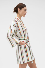 Profile view of model wearing the Oroton Fiesta Stripe Robe in Multi and 100% heavyweight linen fabric for Women . IP:3