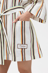Profile view of model wearing the Oroton Fiesta Stripe Robe in Multi and 100% heavyweight linen fabric for Women . IP:5