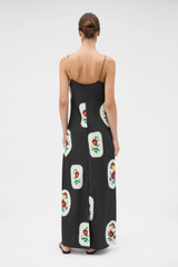 Profile view of model wearing the Oroton Folk Doilie Print Slip Dress in Black and 100% silk fabric for Women . IP:5