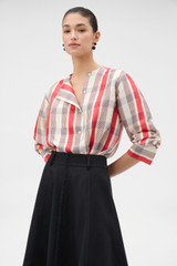 Profile view of model wearing the Oroton Shadow Check Long Sleeve Shirt in MARKET RED and 100% silk dupion fabric for Women . IP:2