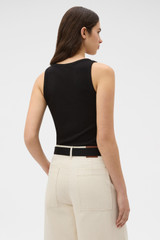 Profile view of model wearing the Oroton Lottie Rib Tank in TRUE BLACK and 92% Cotton / 8% Spandex for Women . IP:5