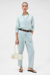 Profile view of model wearing the Oroton Arlo Carpenter Chino in Chambray and 100% cotton fabric for Women . IP:6