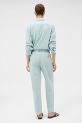 Profile view of model wearing the Oroton Arlo Carpenter Chino in Chambray and 100% cotton fabric for Women . IP:5