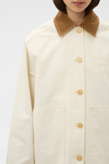 Profile view of model wearing the Oroton Cotton Chore Jacket in Calico and 100% cotton fabric for Women . IP:5