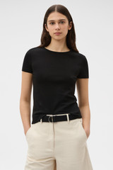 Profile view of model wearing the Oroton Fine Rib Tee in Black and 100% Pima cotton fabric for Women . IP:2