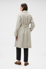 Profile view of model wearing the Oroton Check Mac in Calico and 100% cotton fabric for Women . IP:5