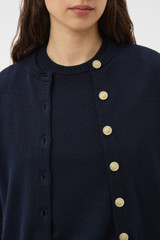 Profile view of model wearing the Oroton Cotton Knit Cardigan in North Sea and 100% cotton fabric for Women . IP:4