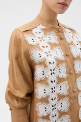 Profile view of model wearing the Oroton Broderie Trim Dress in CAMEL and 100% heavyweight linen fabric for Women .